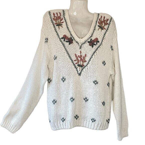 Vintage Hand-Knit Sweater Rose Floral Raised Knit Embroidery Scandi Girl Small - Picture 1 of 6